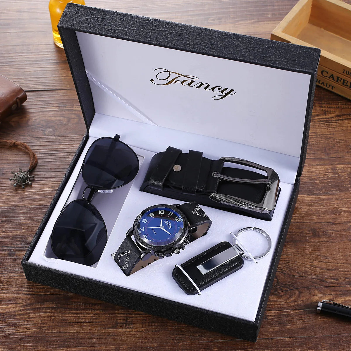 Men's Luxury Gift Set – Quartz Watch, Leather Belt, Sunglasses & Keychain