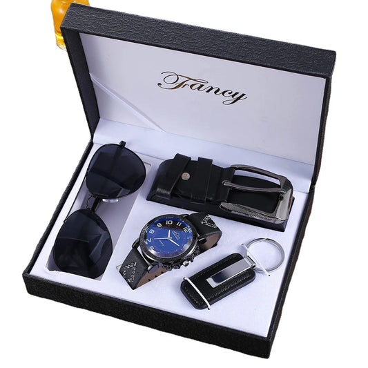 Men's Luxury Gift Set – Quartz Watch, Leather Belt, Sunglasses & Keychain