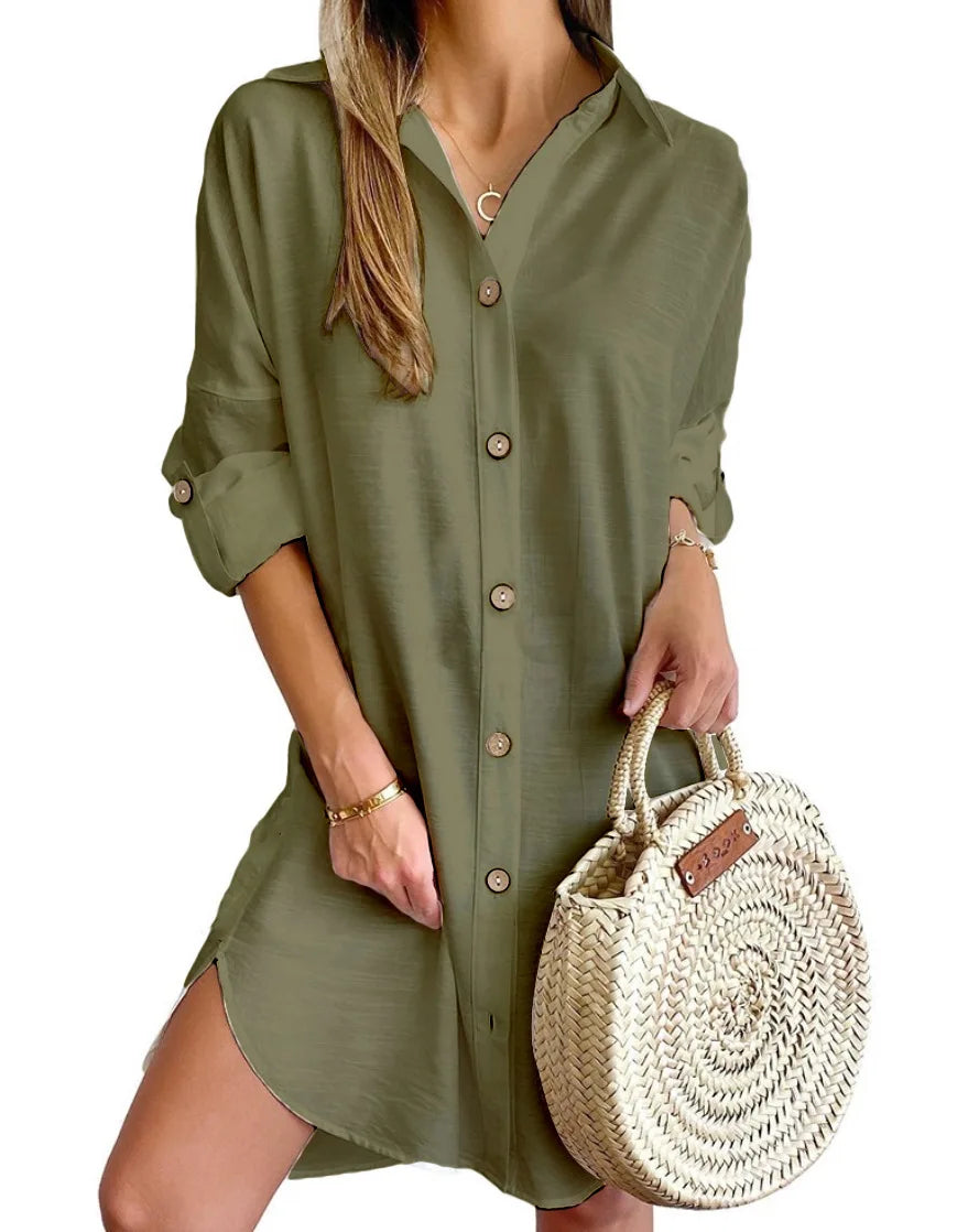 Hot Autumn Leisure Long Sleeve Lapel Button Shirt Dress Women's Clothing