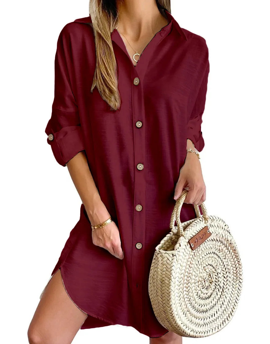 Hot Autumn Leisure Long Sleeve Lapel Button Shirt Dress Women's Clothing