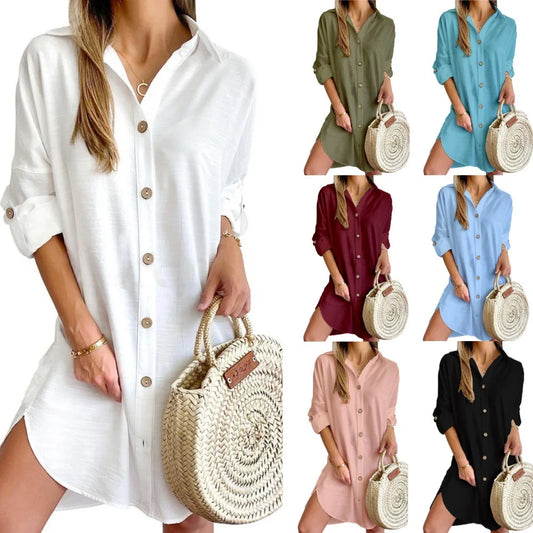 Hot Autumn Leisure Long Sleeve Lapel Button Shirt Dress Women's Clothing