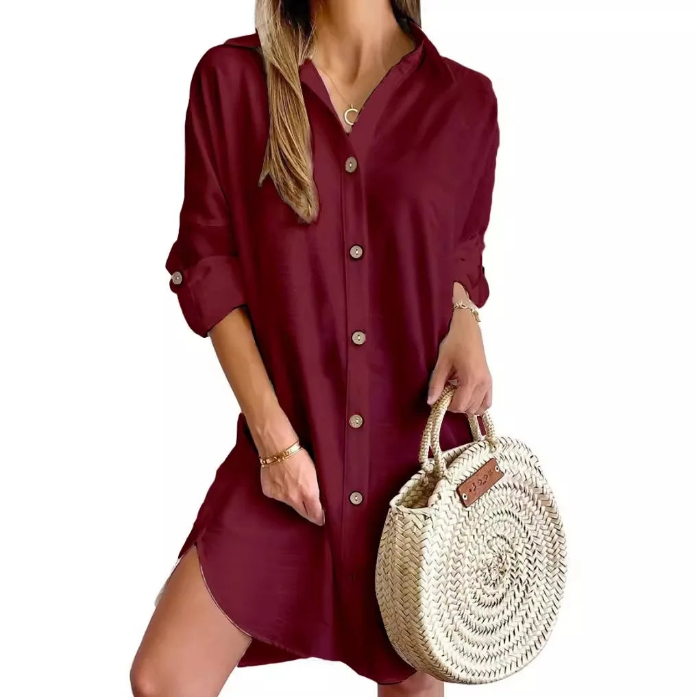 Hot Autumn Leisure Long Sleeve Lapel Button Shirt Dress Women's Clothing