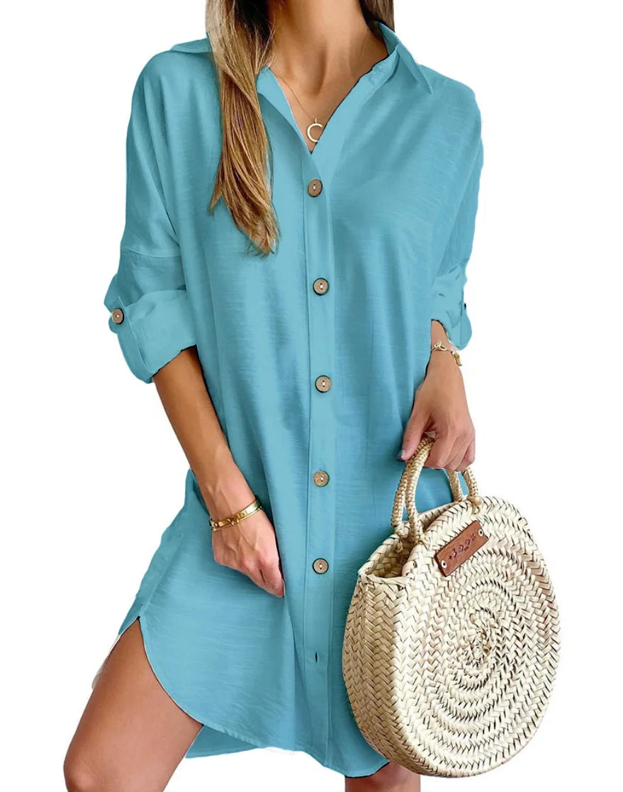 Hot Autumn Leisure Long Sleeve Lapel Button Shirt Dress Women's Clothing