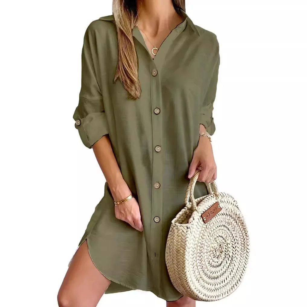 Hot Autumn Leisure Long Sleeve Lapel Button Shirt Dress Women's Clothing