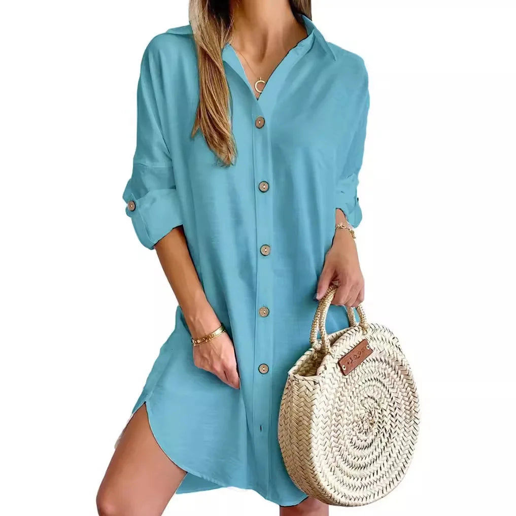 Hot Autumn Leisure Long Sleeve Lapel Button Shirt Dress Women's Clothing