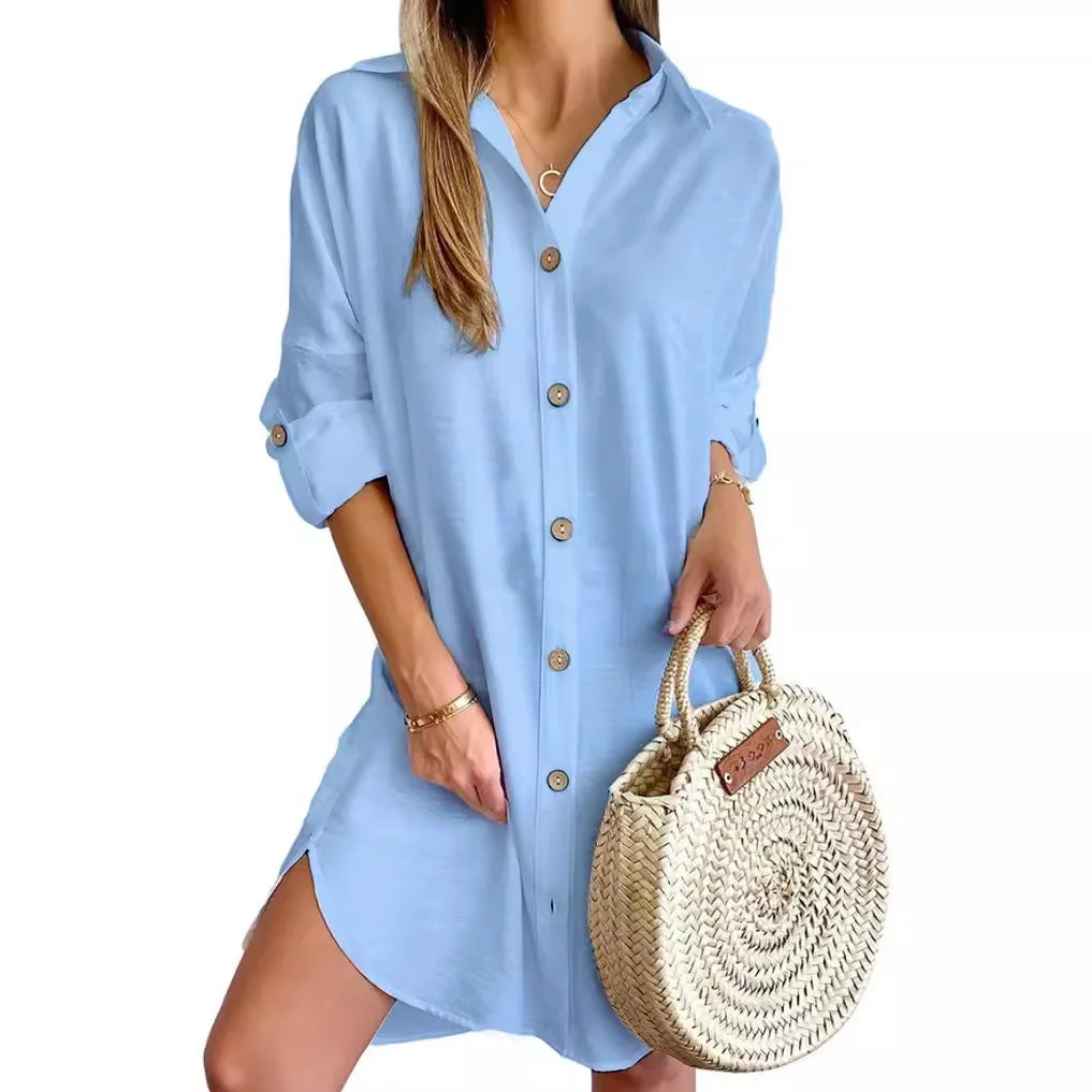 Hot Autumn Leisure Long Sleeve Lapel Button Shirt Dress Women's Clothing