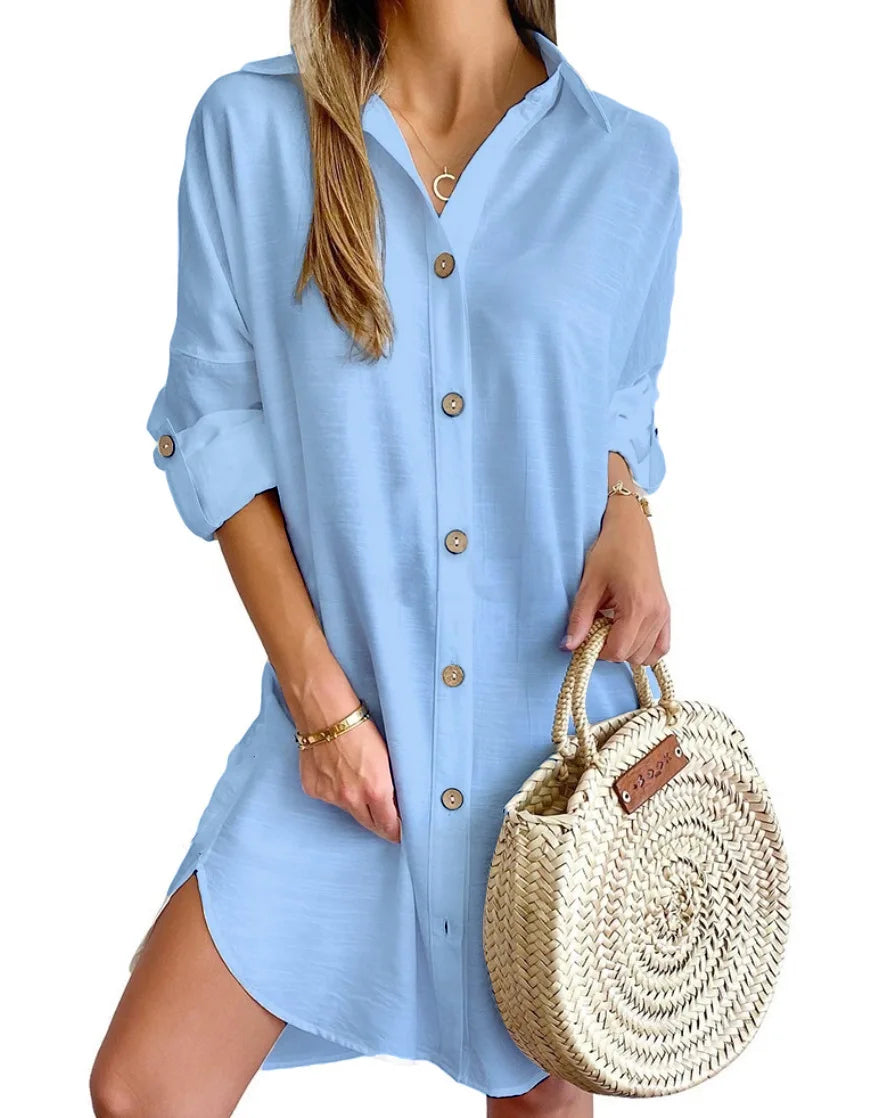 Hot Autumn Leisure Long Sleeve Lapel Button Shirt Dress Women's Clothing