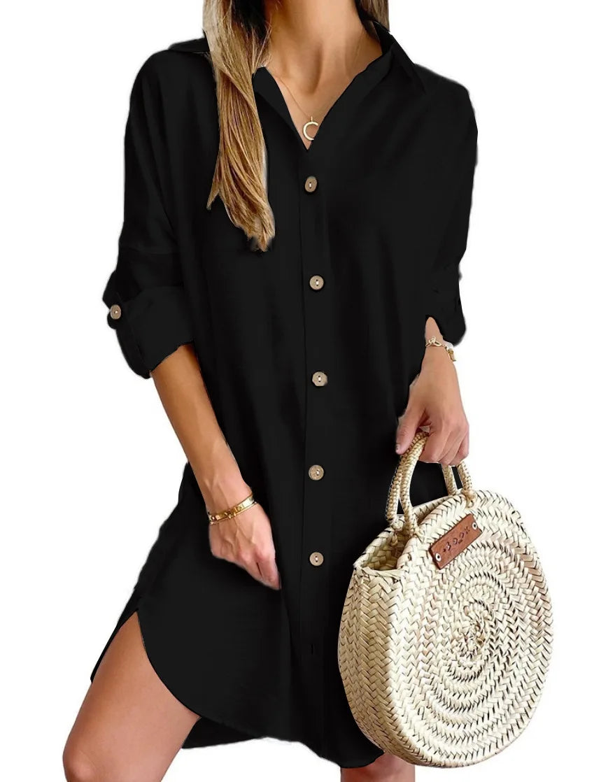 Hot Autumn Leisure Long Sleeve Lapel Button Shirt Dress Women's Clothing