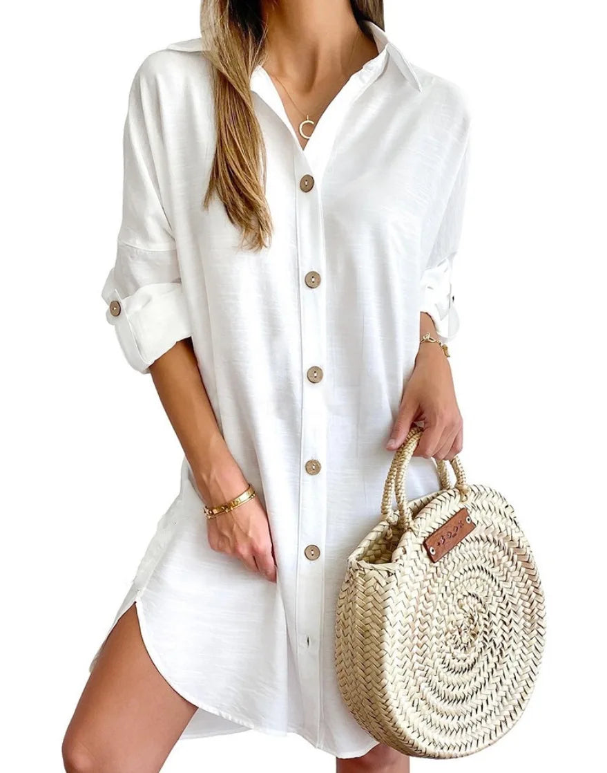 Hot Autumn Leisure Long Sleeve Lapel Button Shirt Dress Women's Clothing