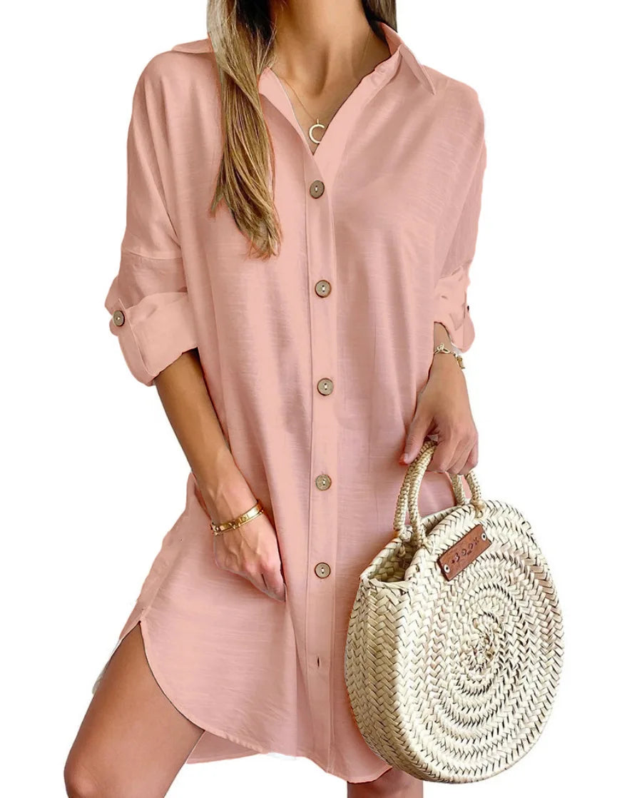 Hot Autumn Leisure Long Sleeve Lapel Button Shirt Dress Women's Clothing