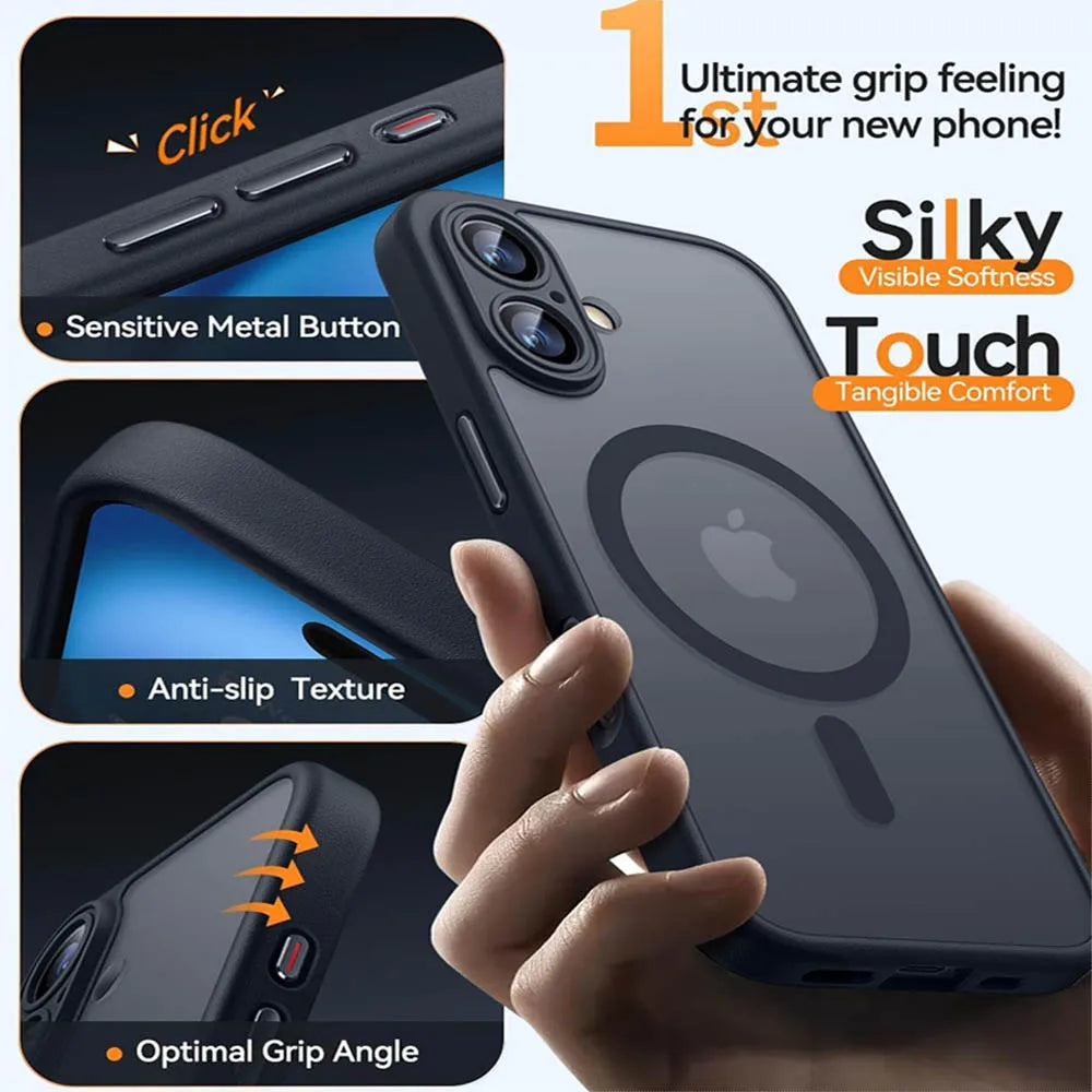 Magnetic Luxury Armor Shockproof Case for iPhone 17 Air, 16, 15, 14, 13, 12, 11 Pro Max – MagSafe Wireless Charging with Matte Translucent Cover