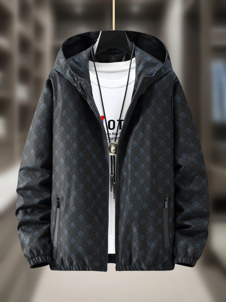 New coat men's trendy brand printing hooded casual versatile European station men's handsome coat jacket