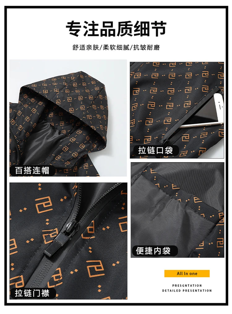 New coat men's trendy brand printing hooded casual versatile European station men's handsome coat jacket