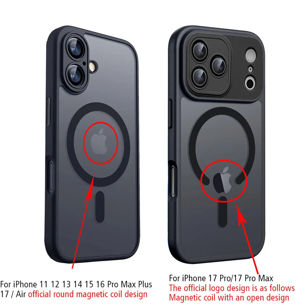 Magnetic Luxury Armor Shockproof Case for iPhone 17 Air, 16, 15, 14, 13, 12, 11 Pro Max – MagSafe Wireless Charging with Matte Translucent Cover