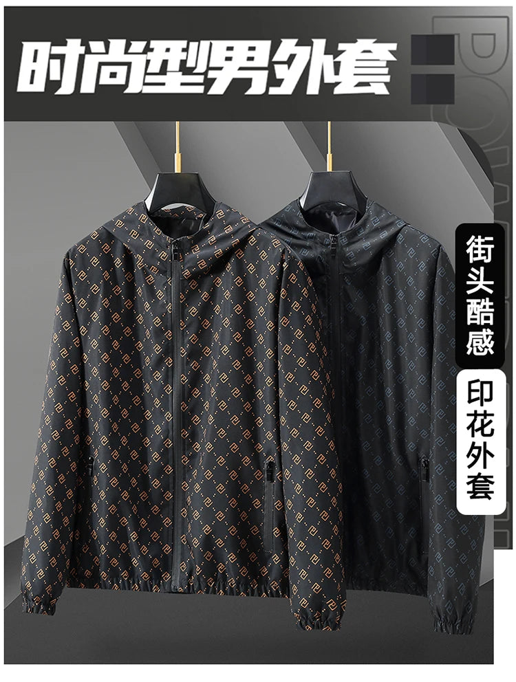 New coat men's trendy brand printing hooded casual versatile European station men's handsome coat jacket