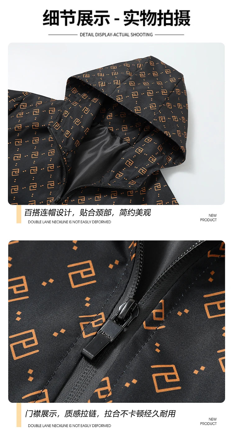 New coat men's trendy brand printing hooded casual versatile European station men's handsome coat jacket